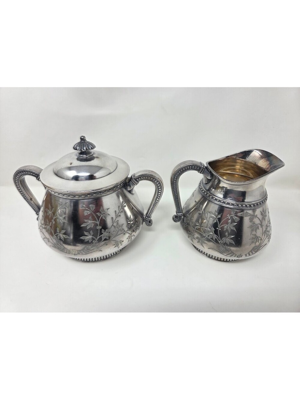 James Tufts Quadruple Plate Sugar Bowl Creamer Set Floral Engraved Vintage 1941